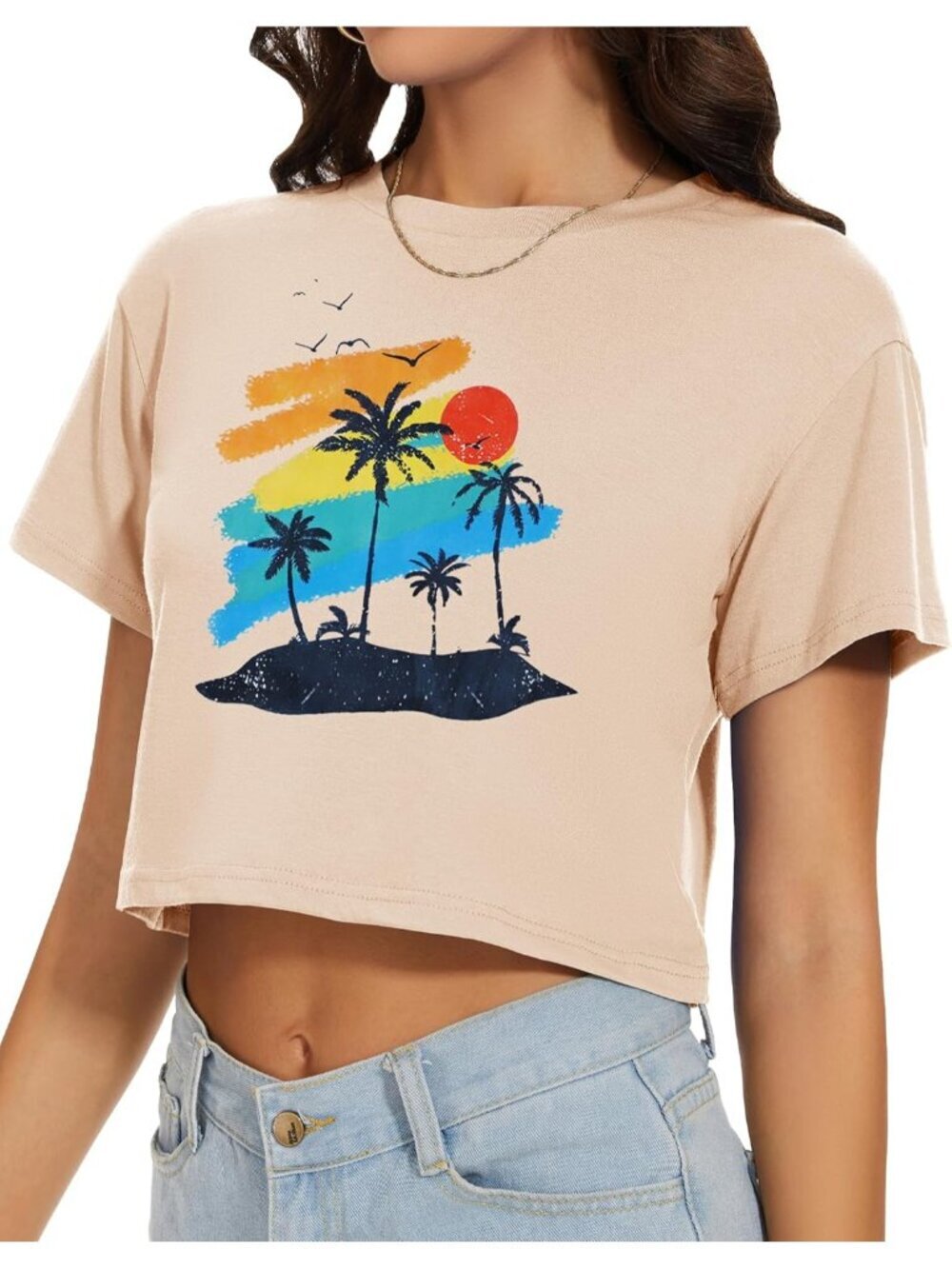 〽️Women Gradient Coconut Tree Short Sleeve Round Neck Loose Fit Summer Crop Tops